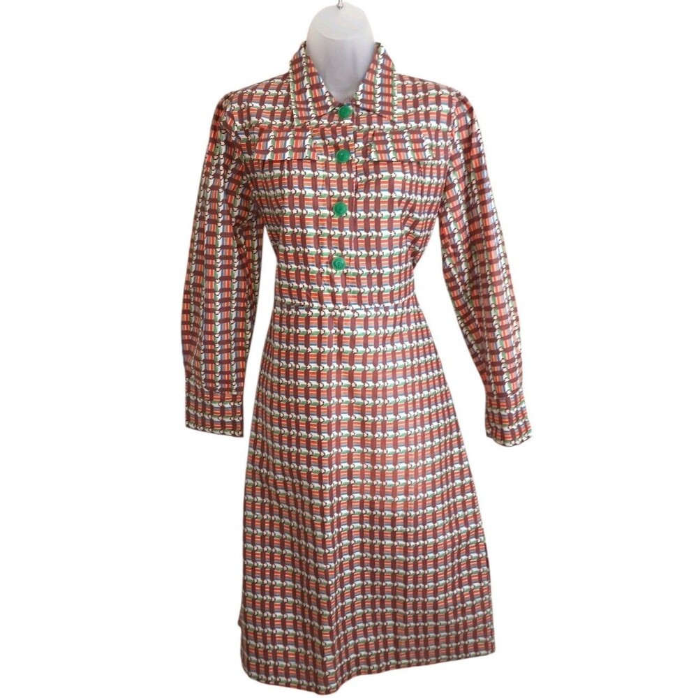 Vintage 70s Funky Mod Shirt Dress With Green Buttons Size Medium